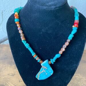 Boho Southwestern Turquoise Green blue Necklace, Crystal, coral